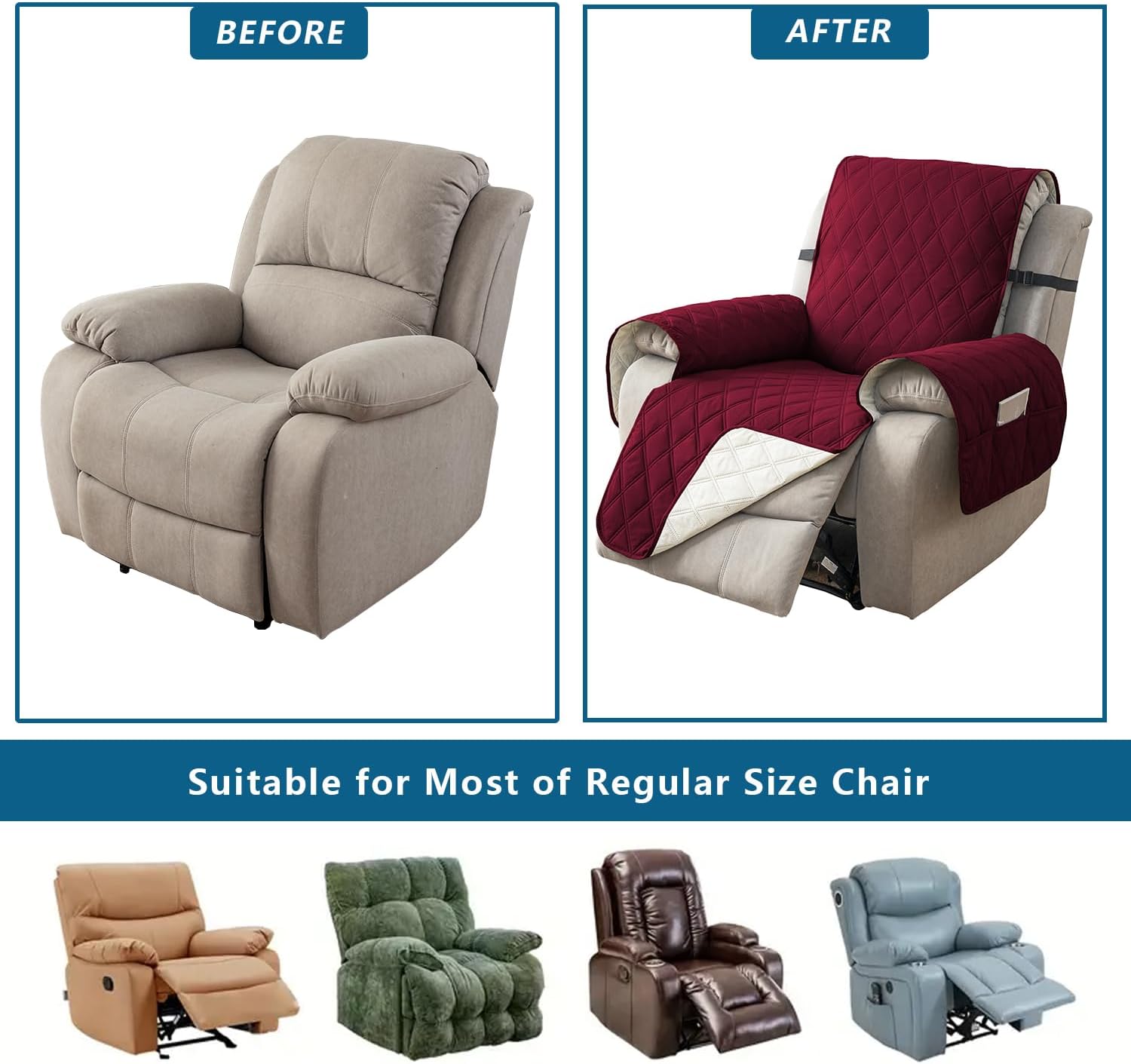 100% Waterproof Recliner Cover - Recliner Cover with Non-Slip Granule, Recliner Chair Covers with Elastic Band, Recliner Chair Covers for Reclining Chair (Wine, 28")