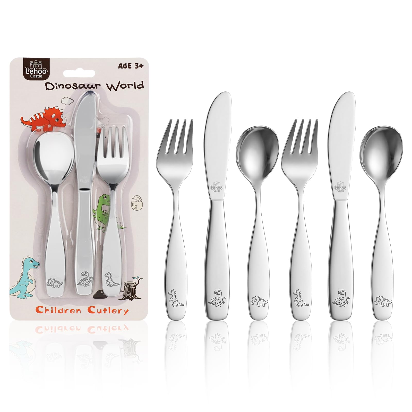 Lehoo Castle Couvert Enfant, 6 PCS Couvert Enfant Inox, 2 x Fourchette, 2 x Couteau, 2 x Cuillere, Set Couvert Bebe pour Garçons Filles de 3+ Ans