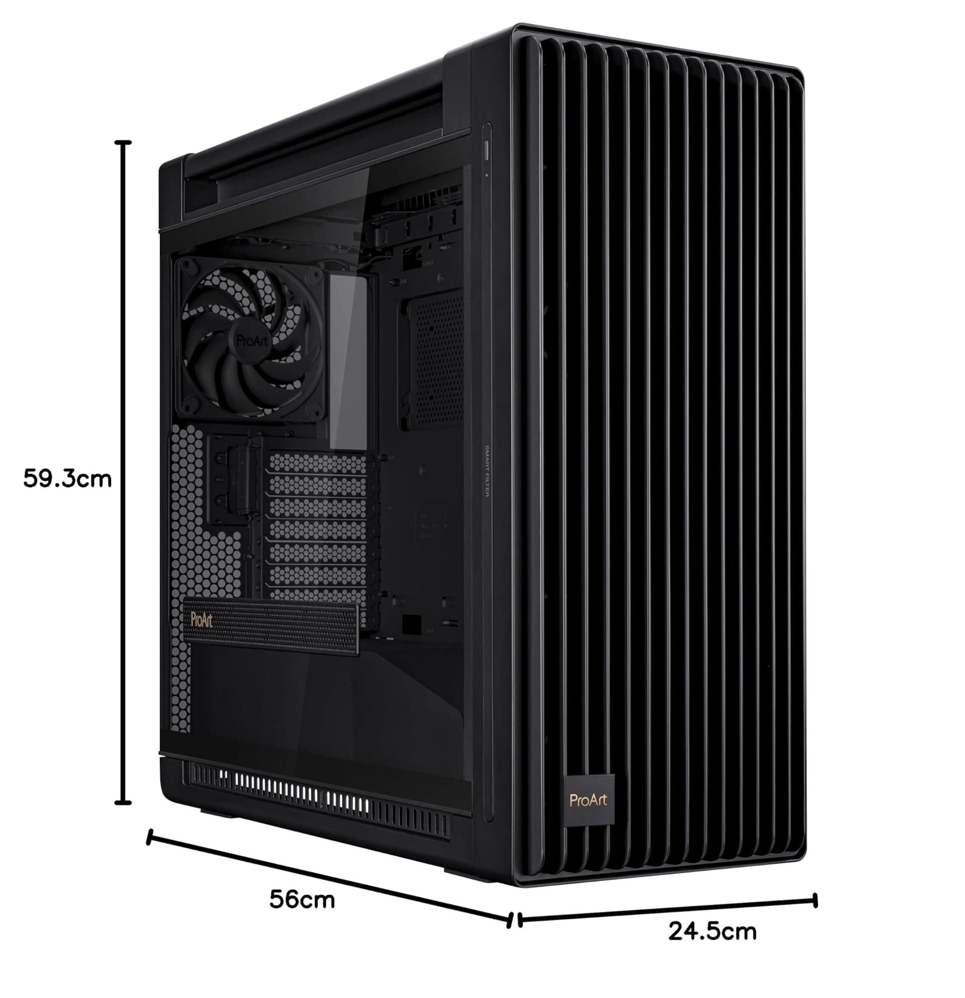 ASUS PROART PA602 TG PWM BLACK Case Gaming E-ATX, Chassis in Vetro Temperato, Supporto per Dissipatore da 420 mm, Ventole da 140 mm e 200 mm, Rilevatore di Polvere IR, Presa d’aria Laterale, Nero