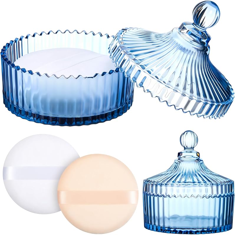 Tioncy Conjunto com 3 peças para pó corporal, azul, com recipiente de vidro e 2 puffs