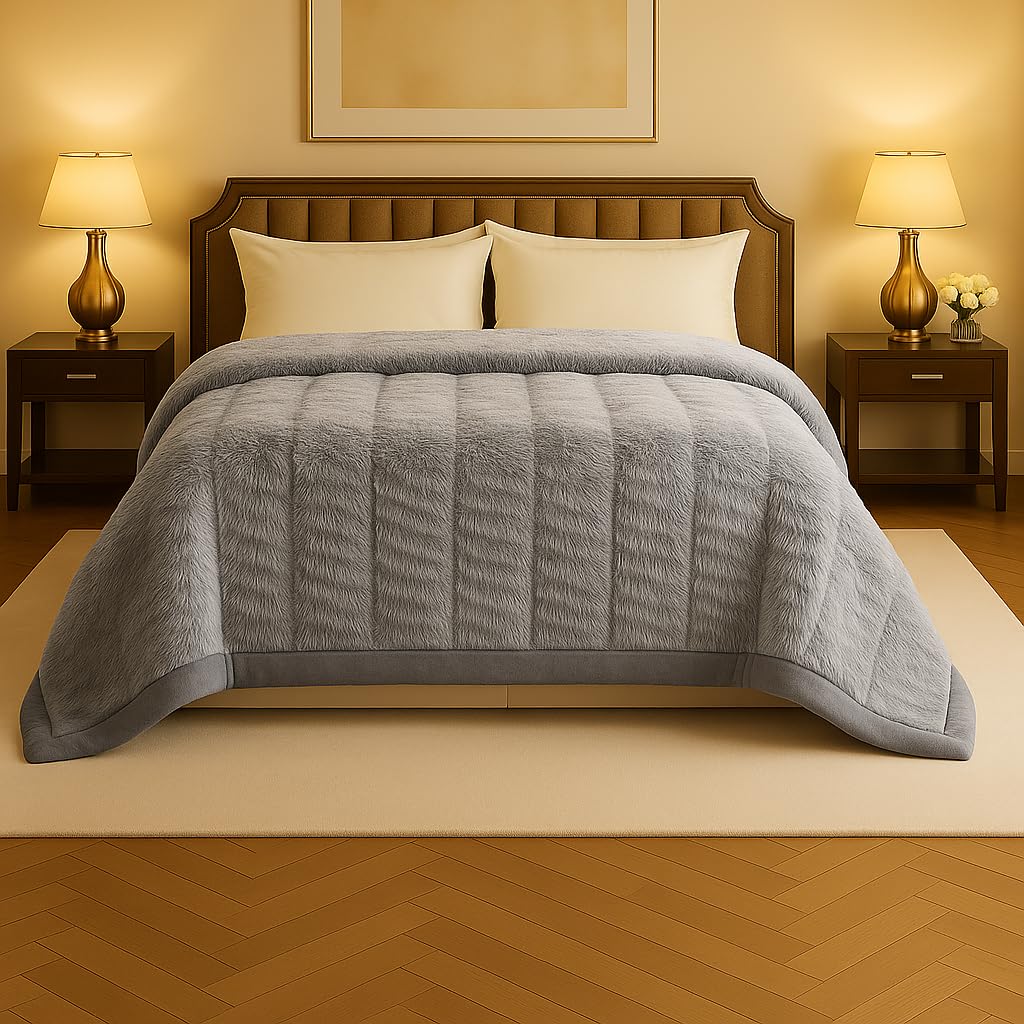 Signature 3-Ply Faux Rabbit Fur Blanket King Size | Ultra Soft Heavy Weight Quilt-Feel Blanket | 6kg Luxury Winter Comforter for Bed Ideal for Heavy Winters (Silver Mist)-image-24