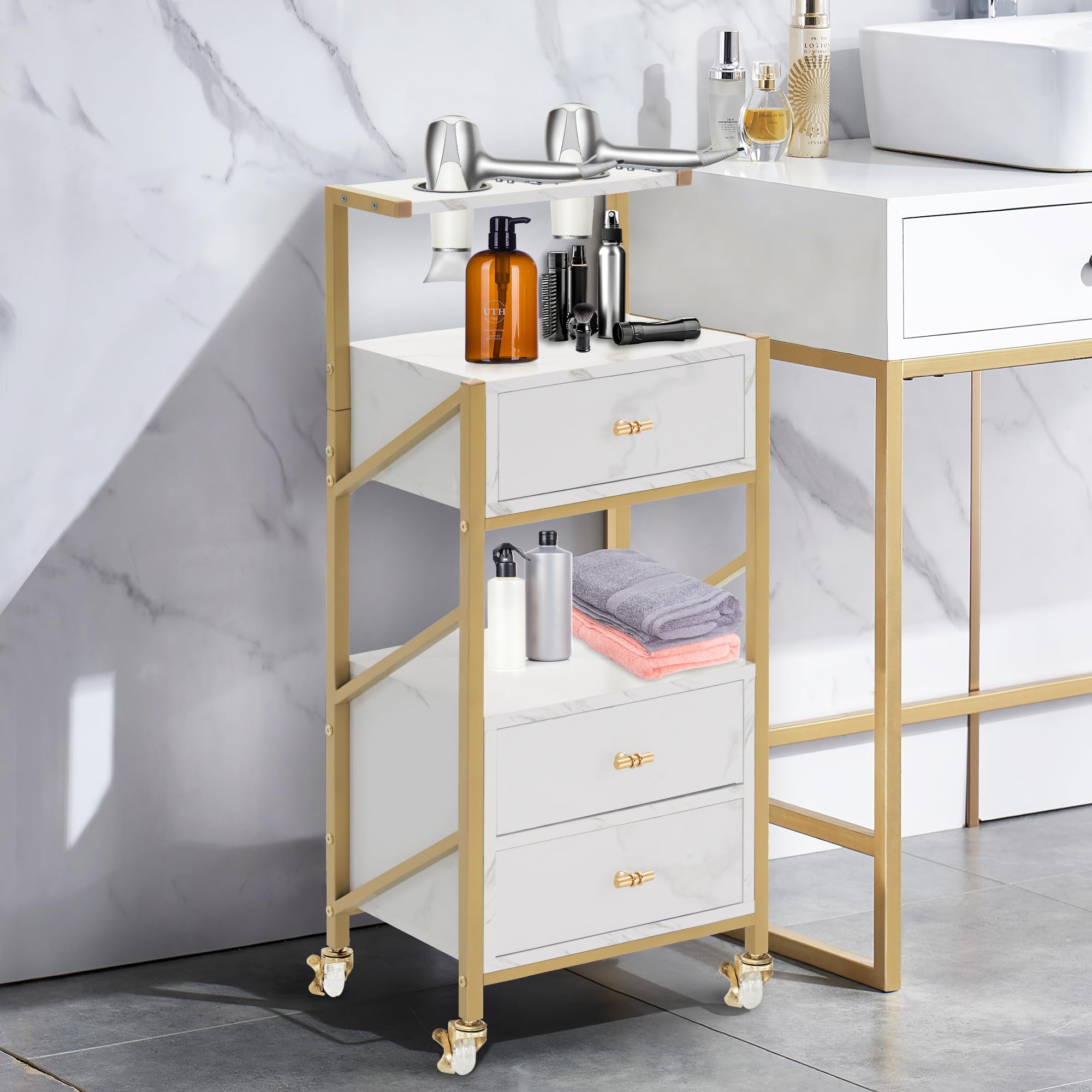 M MCombo Servante de Service avec roulettes et 3 tiroirs, Servante de Salon avec 2 étagères, Servante de Travail pour la Salle de Bain, 30x40x97cm, 0048