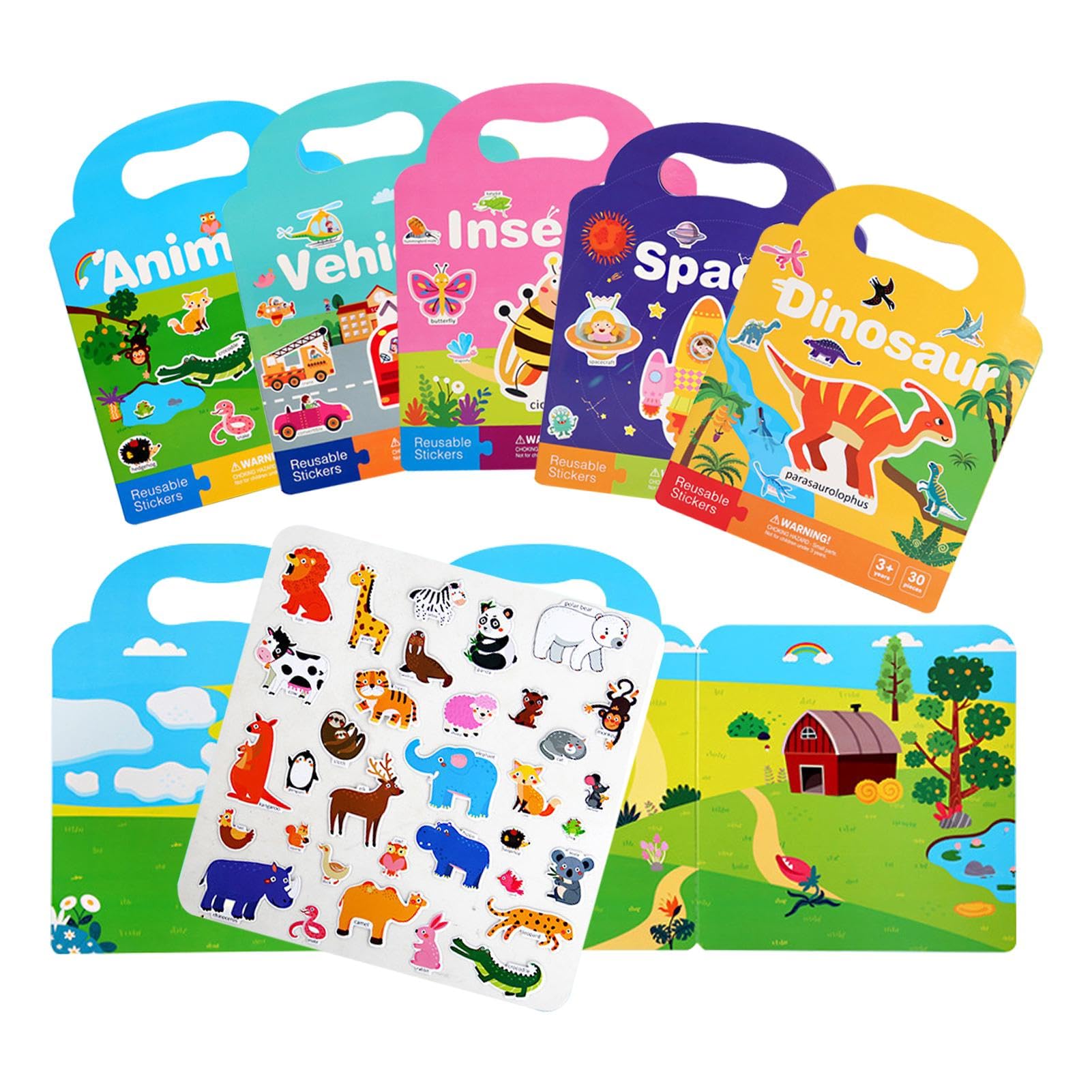 5 Pack Reusable Sticker Book, 3D Animals in-sects Sticker Book, Waterproof Reusable Stickers Books and Travel Activity Packs for Kids, Educational Sensory Learning Dinosaur Stickers
