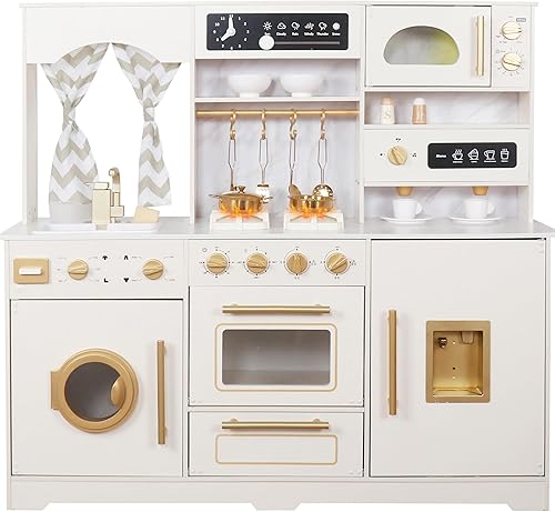 Juego de cocina de madera con máquina de hielo, dispensador de agua, cafetera, juego de cocina de juguete para niños grandes con lavadora, fregadero