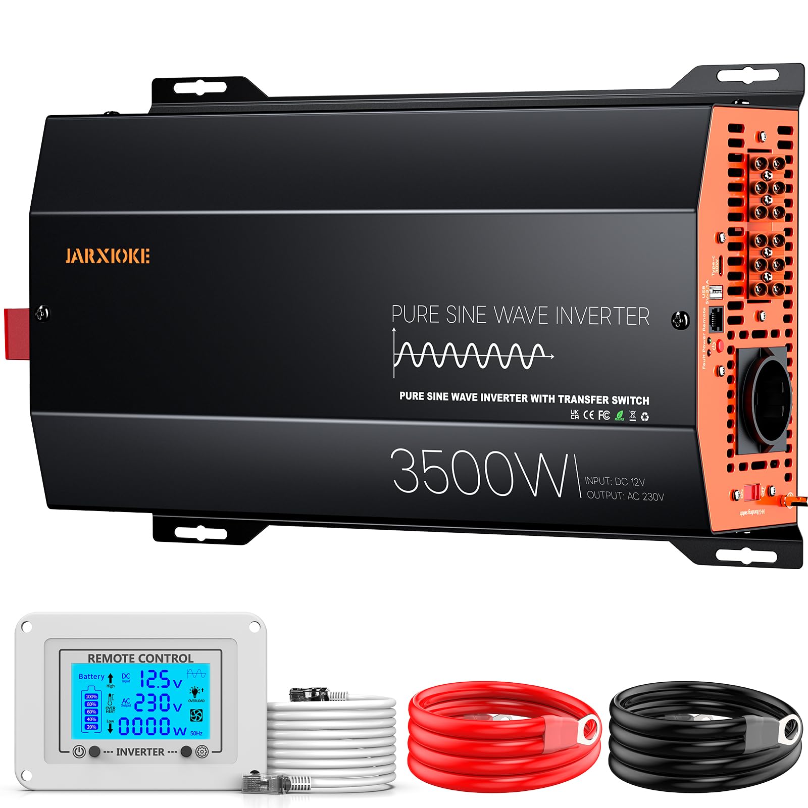 Falownik 3500 W, 12 V na 230 V, czysty sinus z przełącznikiem transferowym, falownik off-grid z ATS, z wyjściem i wejściem AC / gniazdami AC / pilotem zdalnego sterowania LCD/inwerter do samochodów