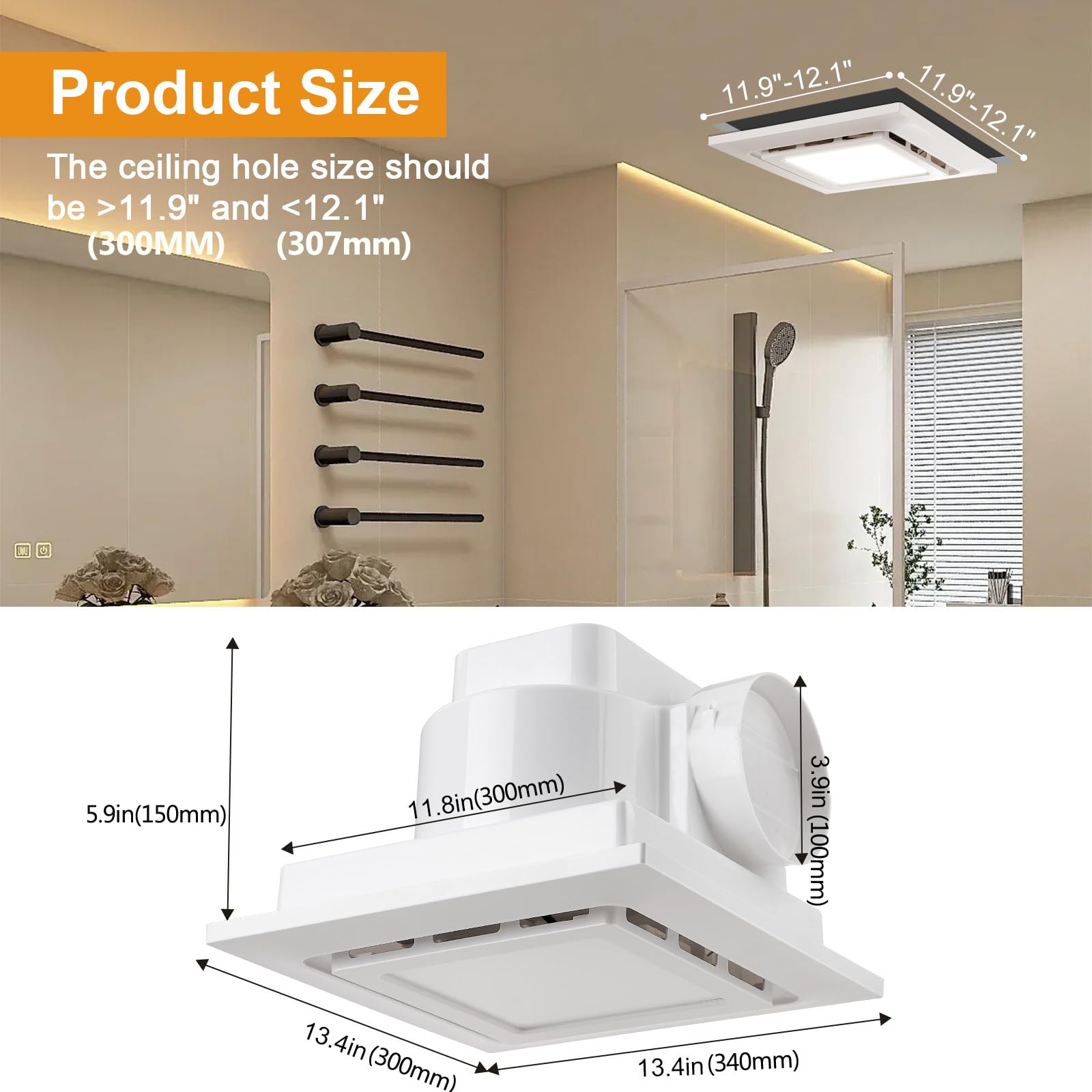 Abluftventilator für Badezimmer 210mm Badlüfter mit LED Licht 8.3IN, 130 CFM, ultra-leiser 1,0-Sone-Abluftventilator mit 1500 lm, 6000 K Licht