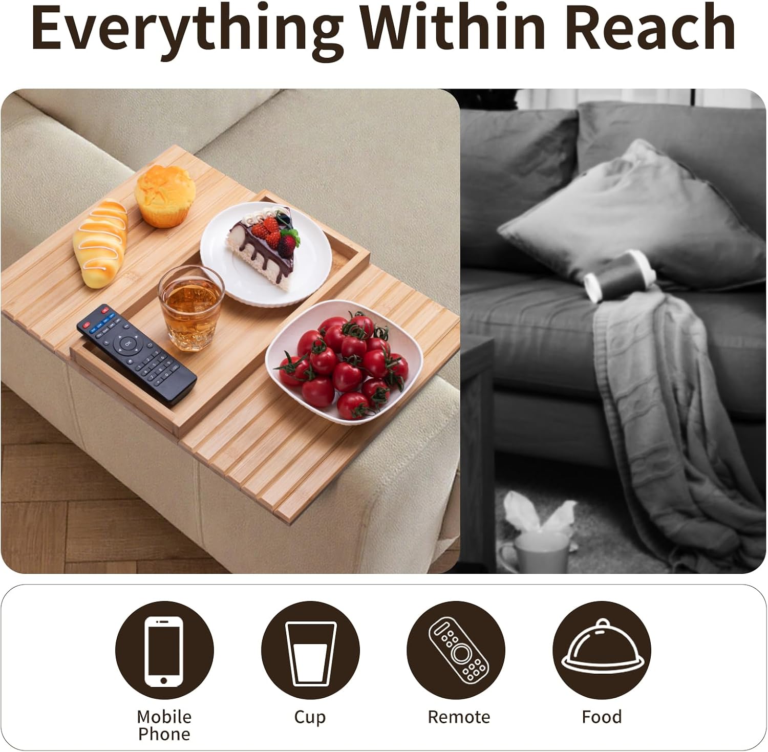 Bamboo Sofa Arm Tray Foldable Couch Arm Tray Anti-Slip Armrest Cup Holder For Couch For Drinks Snacks Phone Remote image 3