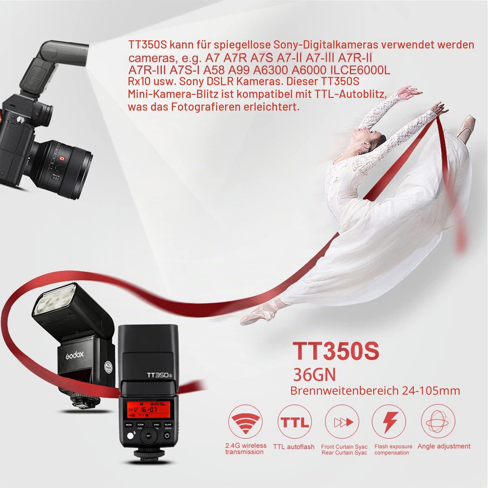 Godox TT350S TTL 2.4G HSS 1 / 8000s GN36 Kamera Flash Speedlite für Sony Kompatibel für Sony Mirrorless Digitalkamera