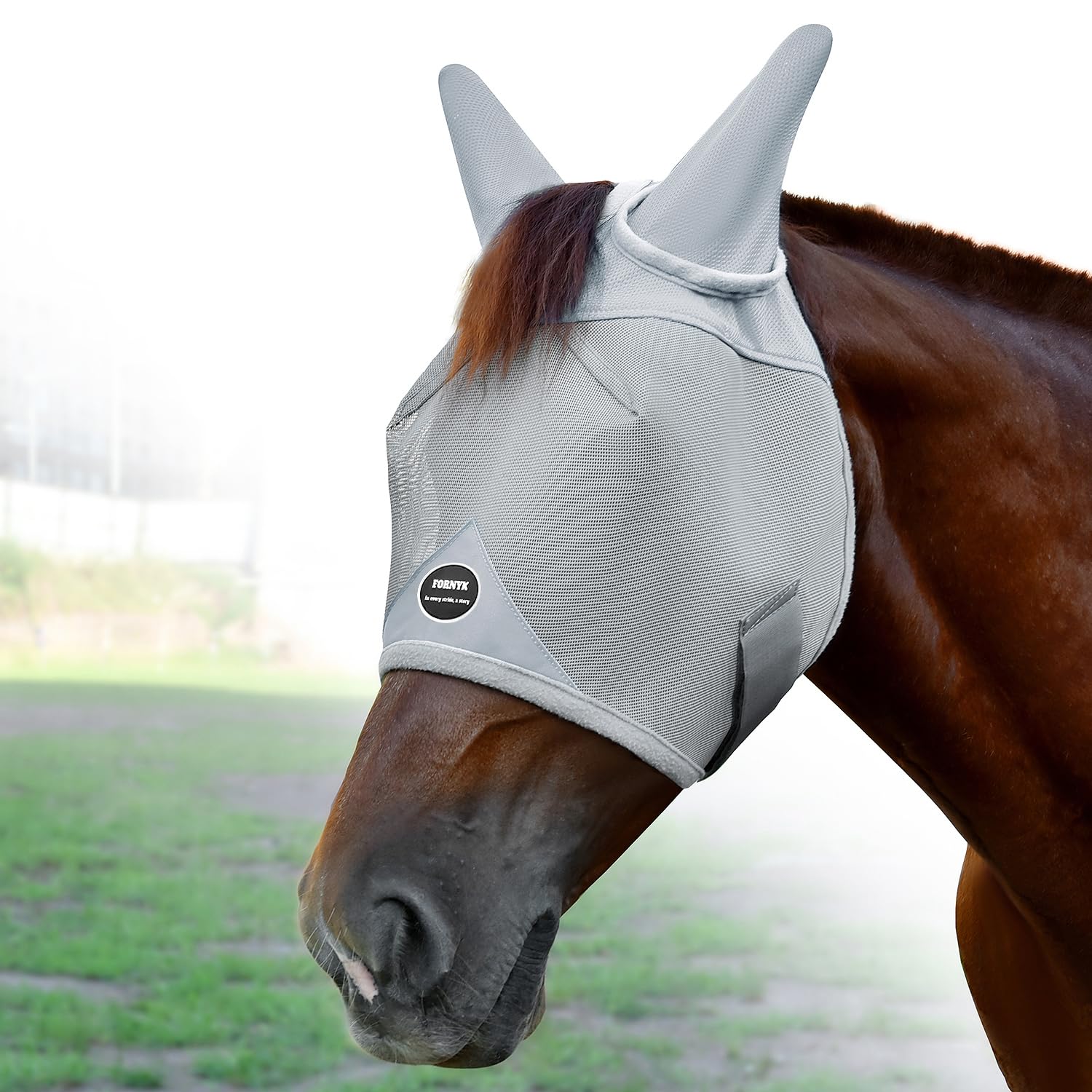 Fornyk Horse Fly Mask, Adjustable Fly Masks for Horses with Ears, Breathable and 70% UV Protection, Comfort Mesh Without Nose Cover, Horses Accessories (Grey, Blue, Medium)
