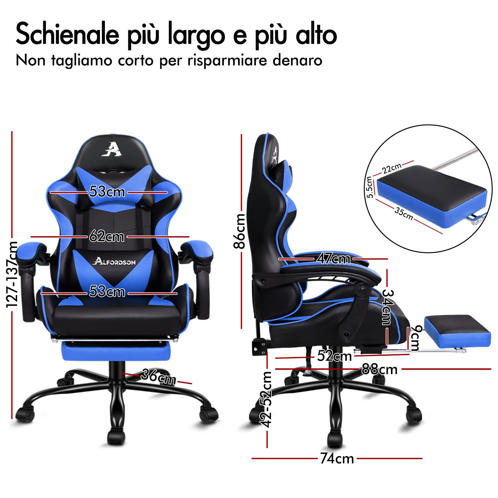 ALFORDSON Sedia Gaming Massaggiante, Sedia Gamer Professionale, Cuscino Lombare & Poggiatesta, Poltrona Ergonomica da Ufficio con Poggiapiedi, Portata 180 kg, Regolabile 90-150°, Similpelle(Blu)