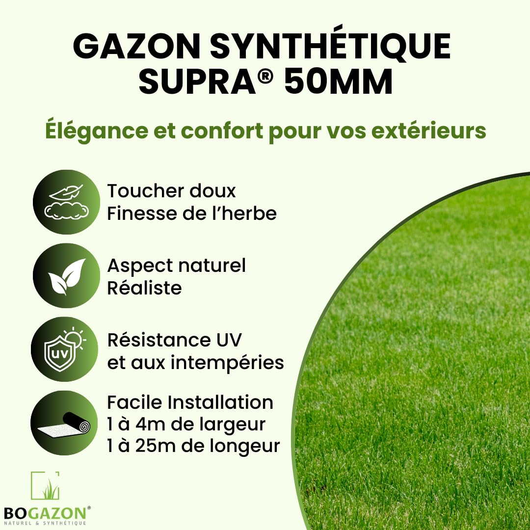 Gazon synthétique Supra 50 mm (1 m x 4 m) | Pelouse Premium | Décoration Maison | Résistant UV