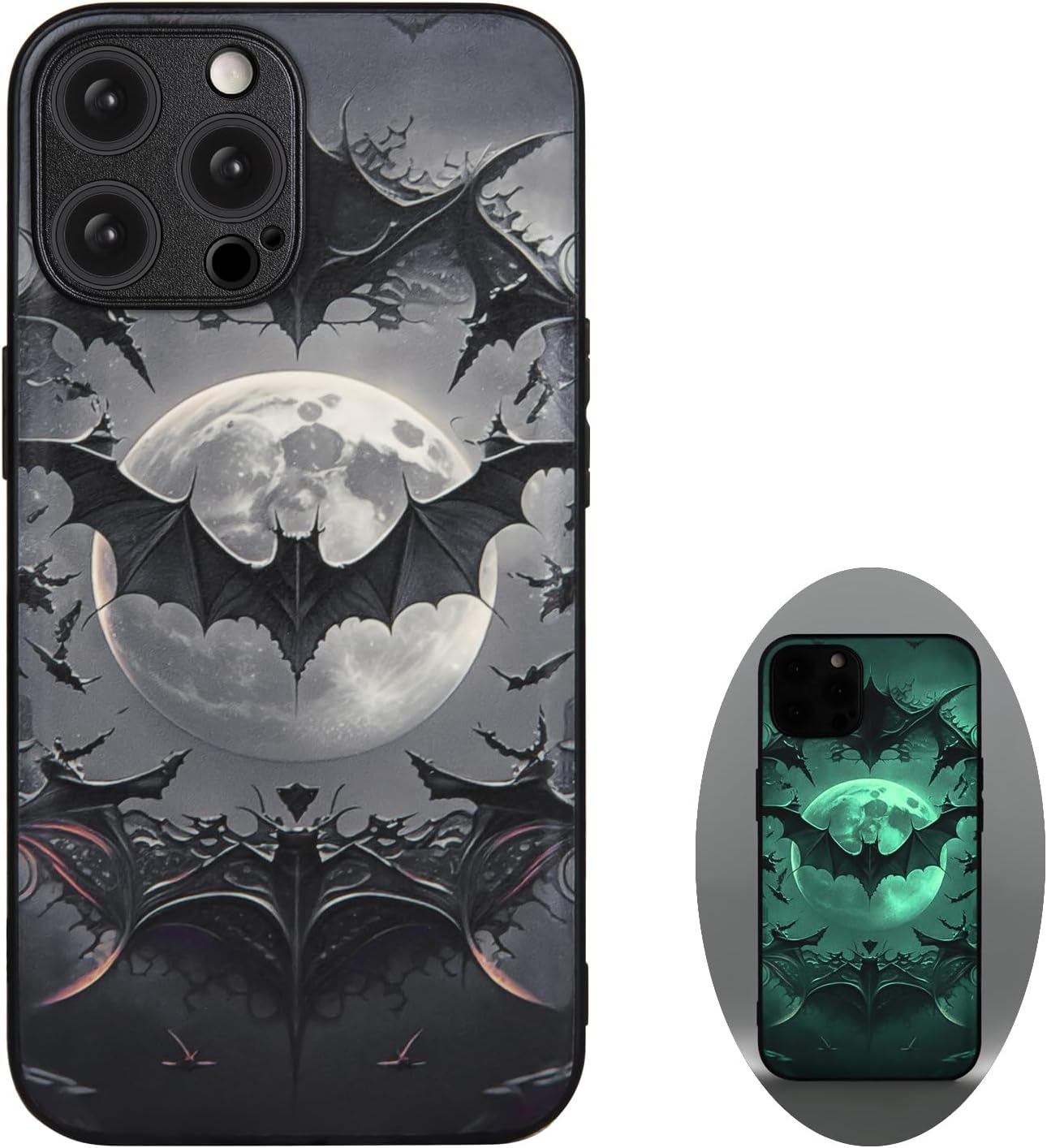 X spirit Gothic Bat Case for iPhone 14 Pro Max - Spooky Moon Luminous Phone Cover - Cool Dark Aesthetic Whimsigoth Horror Style - Glow in the Dark Leather Finish Protective Back