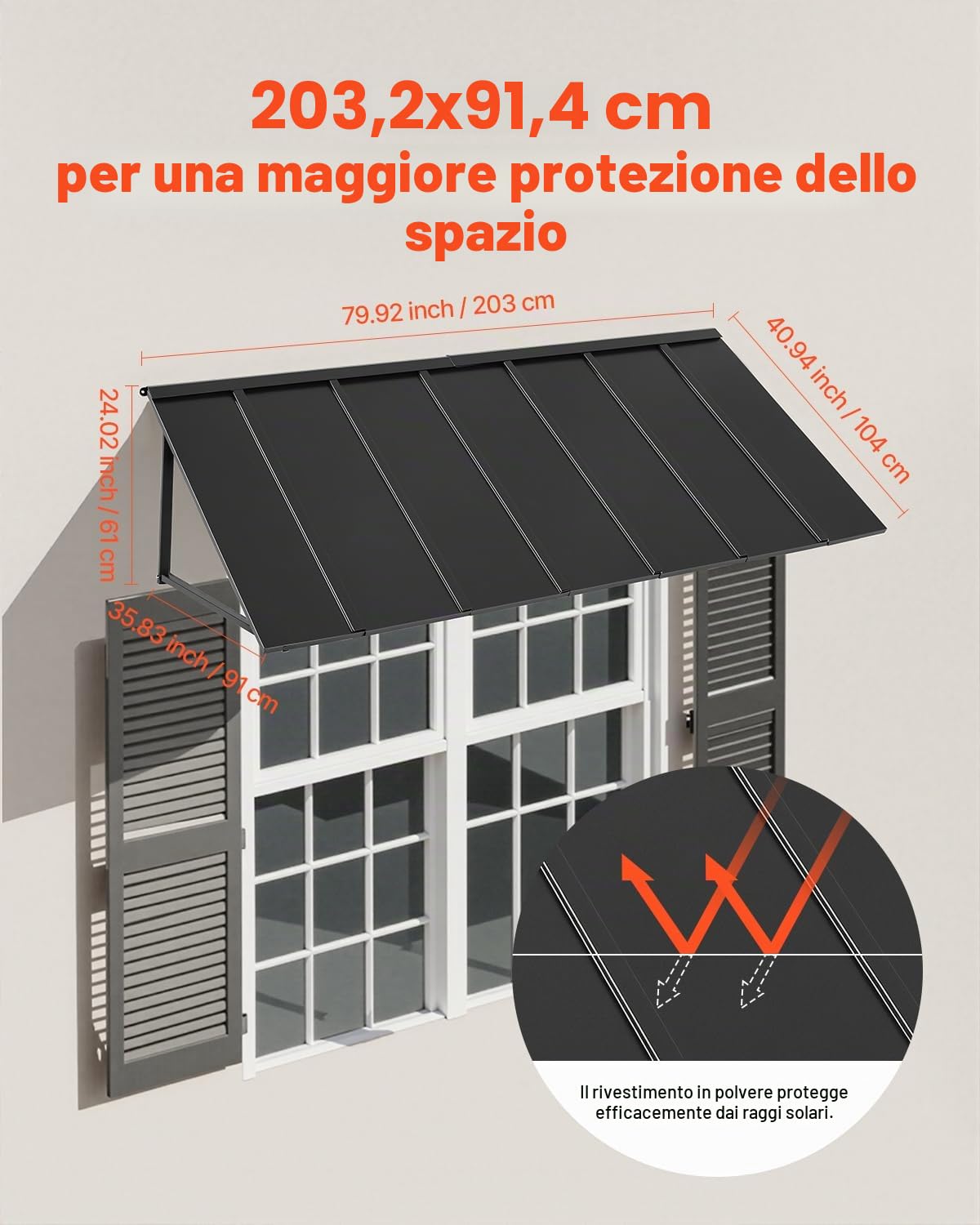 VEVOR Pensilina per Finestra Porta da 2032 x 910 mm Tettoia per Porta Ingresso, Acciaio Verniciato a Polvere Antiruggine, Pensilina per Patio Esterno, per Protezione da Pioggia, Neve e Luce Solare
