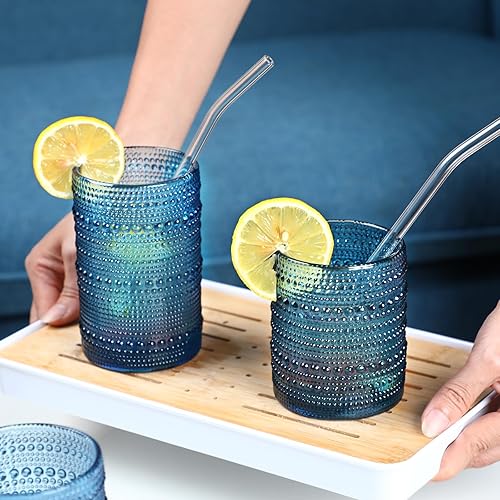 Miniatura 7 de Juego de 6 vasos grandes de hobnail para beber, cristalería vintage azul de 15 onzas, vasos de vidrio en relieve, vaso de agua, vasos altos para