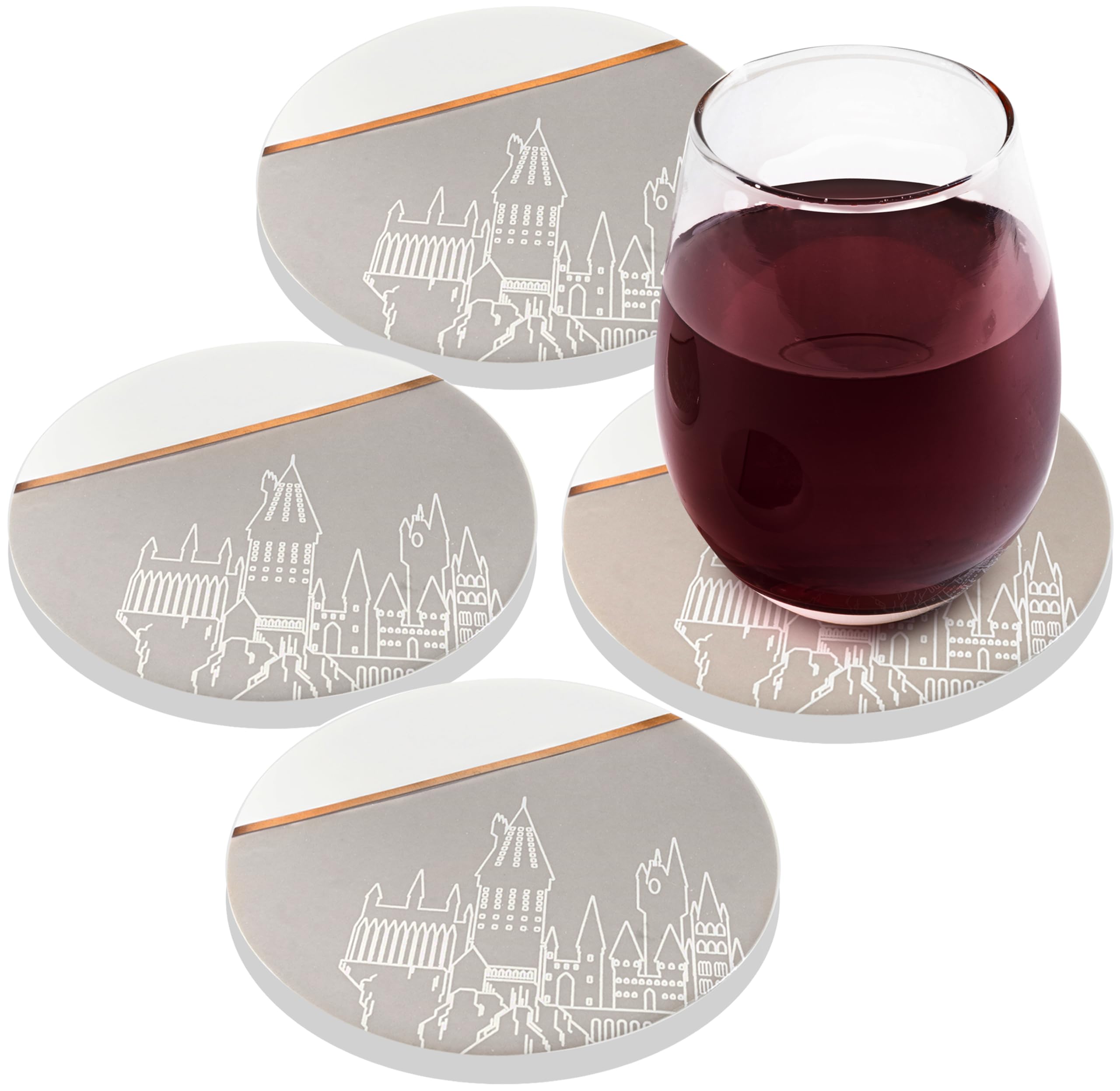 Harry Potter Hogwarts Coaster Set of 4 - Officially Licensed Ceramic 4" Coasters with Gold & Gray Hogwarts Castle Design - Book & Movie Decor Home Bar Gift for Women, Men, Adults, Fans