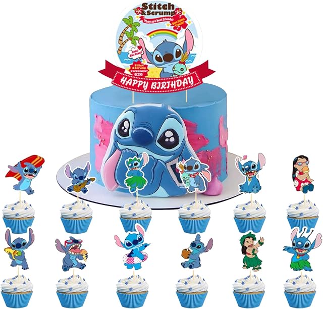 Stitch Birthday Cake Decoration 13Pcs Lilo Stitch Cake Topper, Birthday Cake Decoration for Stitch Theme Birthday Party for Kids Birthday Baby Shower Party