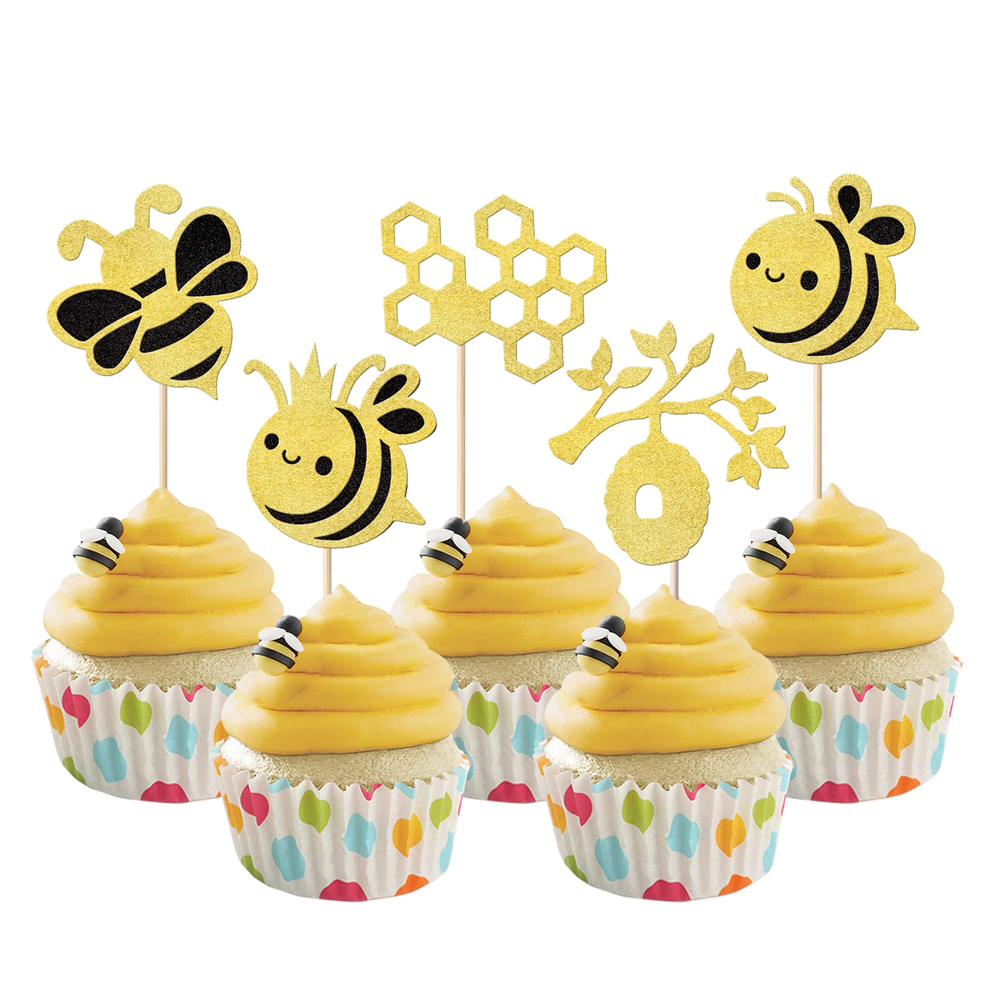 Xsstarmi 30 Pack Bumble Bee Cupcake Toppers Glitter Honeycomb Bee Cupcake Picks Baby Shower Cake Decorations for Bee Theme Baby Shower Kids Birthday Party Decor