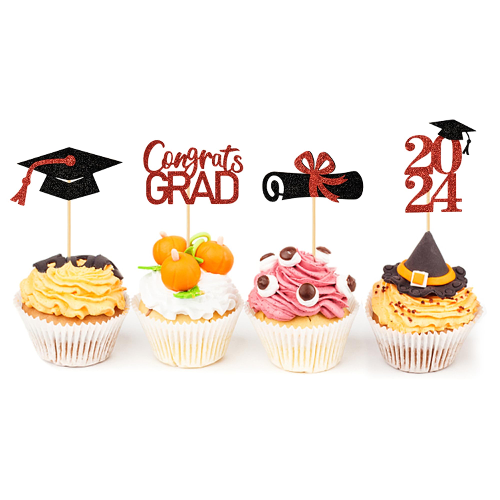 Graduation Decorations 2025-24Pcs Red Glitter 2025 Graduation Cupcake Toppers for Class of 2025 Party Decorations