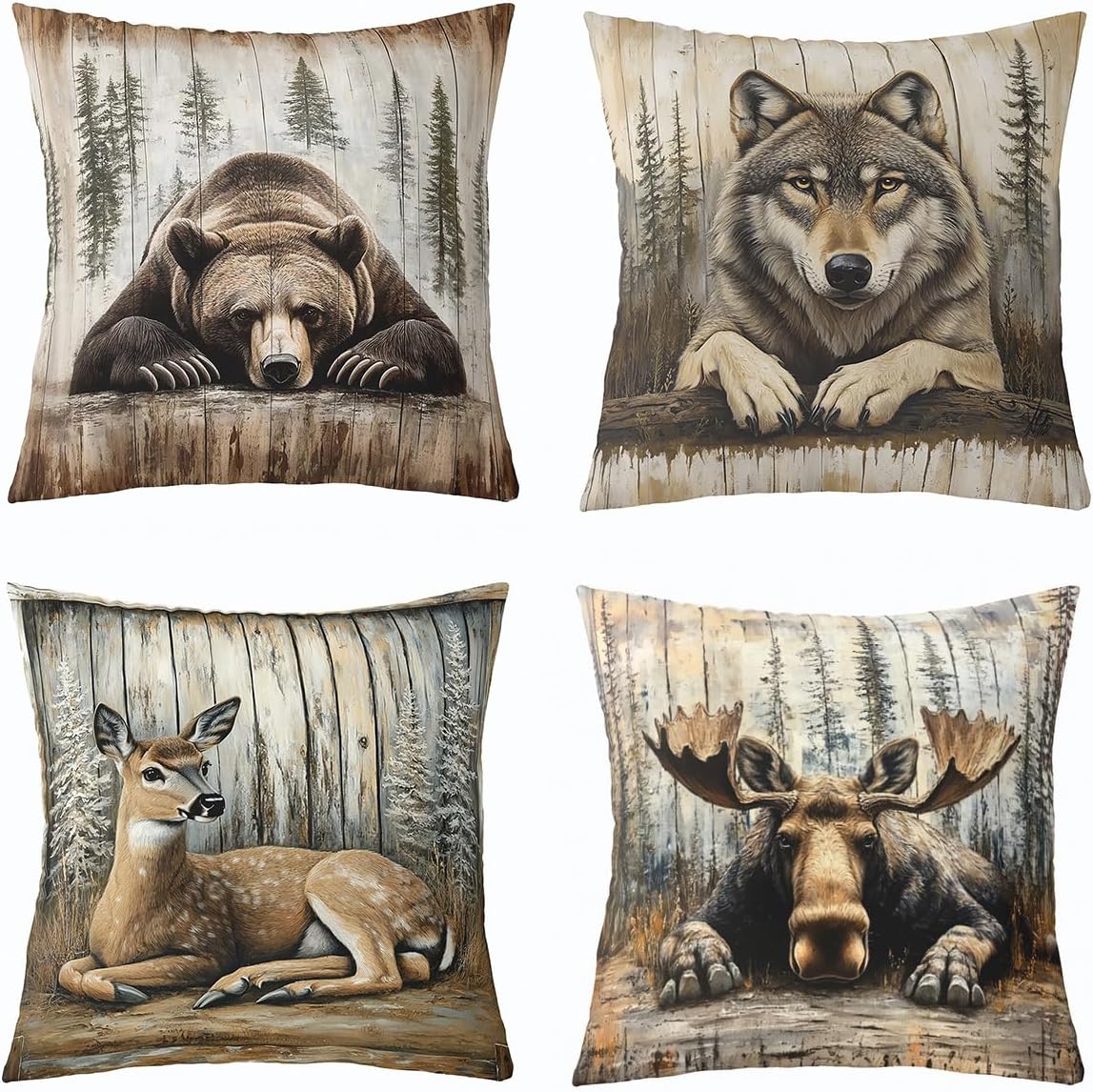 Feelyou Vintage Bear Throw Pillow Covers 16"x16" Set of 4 Soft Kids Cabin Deer Hunting Decor Pillowcases for Boys Girls Teens Farmhouse Wolf Moose Animals Wood Cushion Case Room Decor