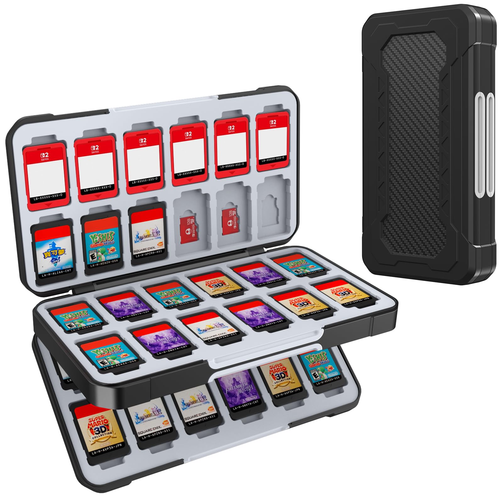 HEIYING Switch Spiele Aufbewahrung für Nintendo Switch 2/Lite/OLED, Schwarzer Tragbarer Reisekoffer Aufbewahrungsbox mit 48 Game Card Slots und 24 Micro SD Card Slots Games