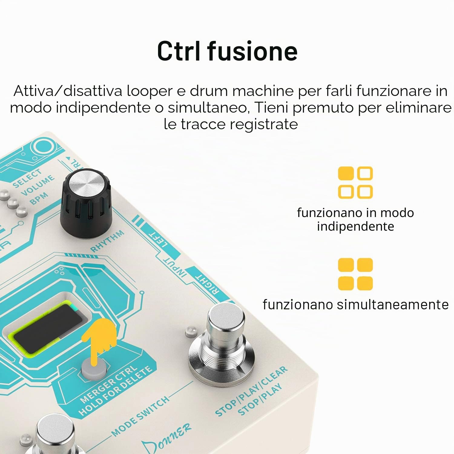 Pedale Drum Machine Donner Circle Looper, pedale stereo per chitarra Drum Looper 2 in 1, 40 slot con 160 minuti di loop e 110 groove di batteria, Tap Tempo e funzione Fade Out