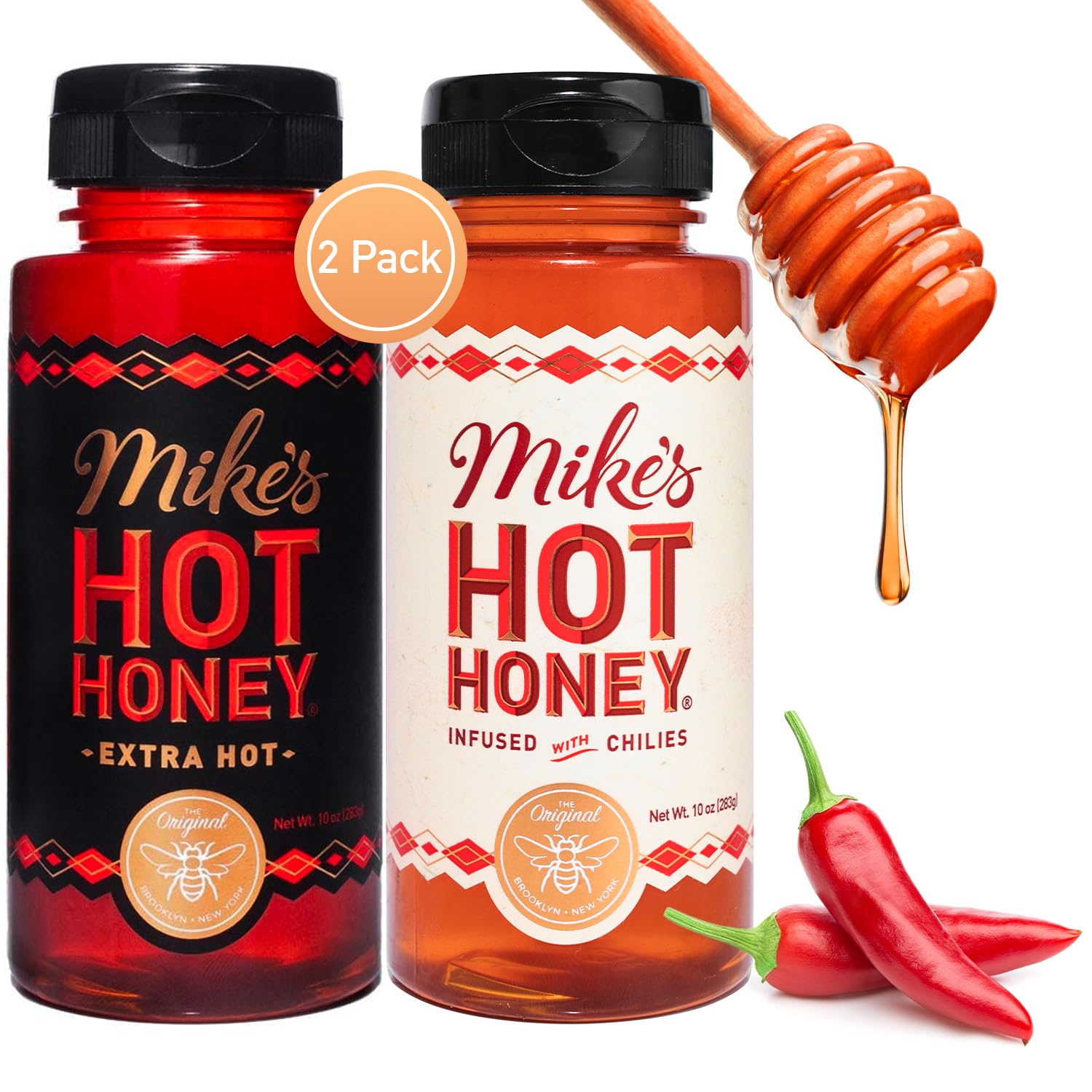(No expiration date) Mike's Hot Honey, Original & Extra Hot, America's #1 Brand of Hot Honey, Spicy Honey Infused with Chili Peppers, Gluten-Free, Paleo-Friendly, Sweet Heat, Perfect for Hot Sauce Lovers (10oz Bottle, 2 Pack)