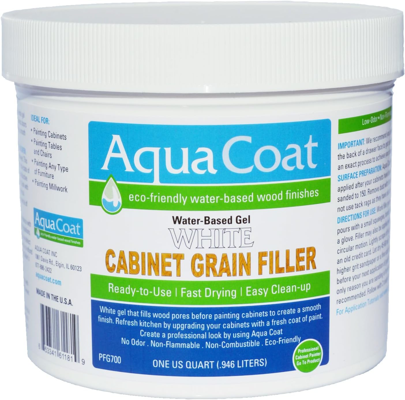 Aqua Coat White Water-Based Cabinet Wood Grain Filler Gel - Low Odor, Fast Drying White Wood Filler, Paintable & Sandable for Interior & Exterior Repairs, Upgrades & Restorations - 32 oz