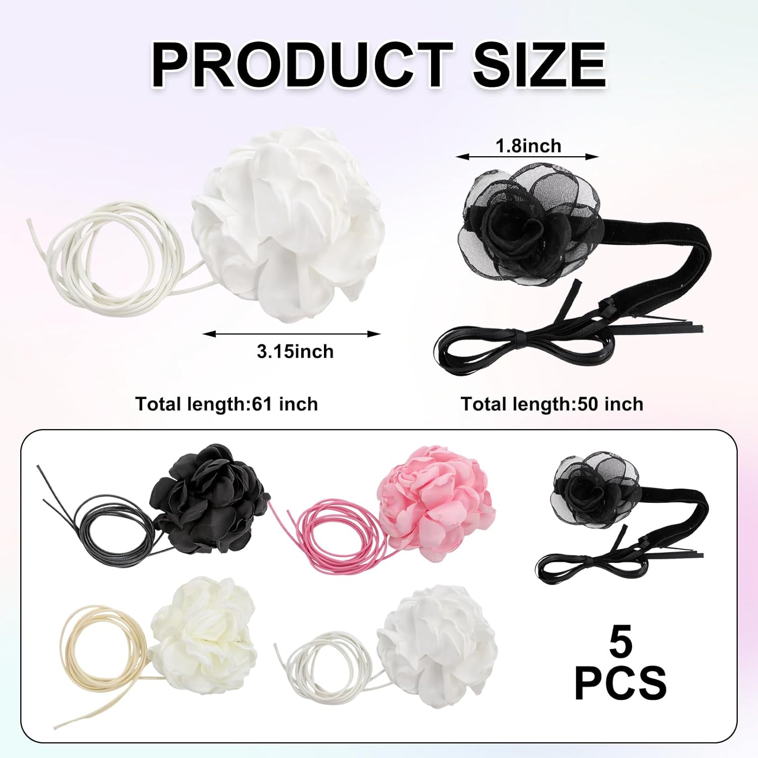 5 PCS Flower Choker Necklace, Adjustable Rose Choker for Women, Camellia Jewelry, Elegant Summer Necklace for Weddings, Parties and Festivals (Black, White, Pink, Yellow) - Image 3