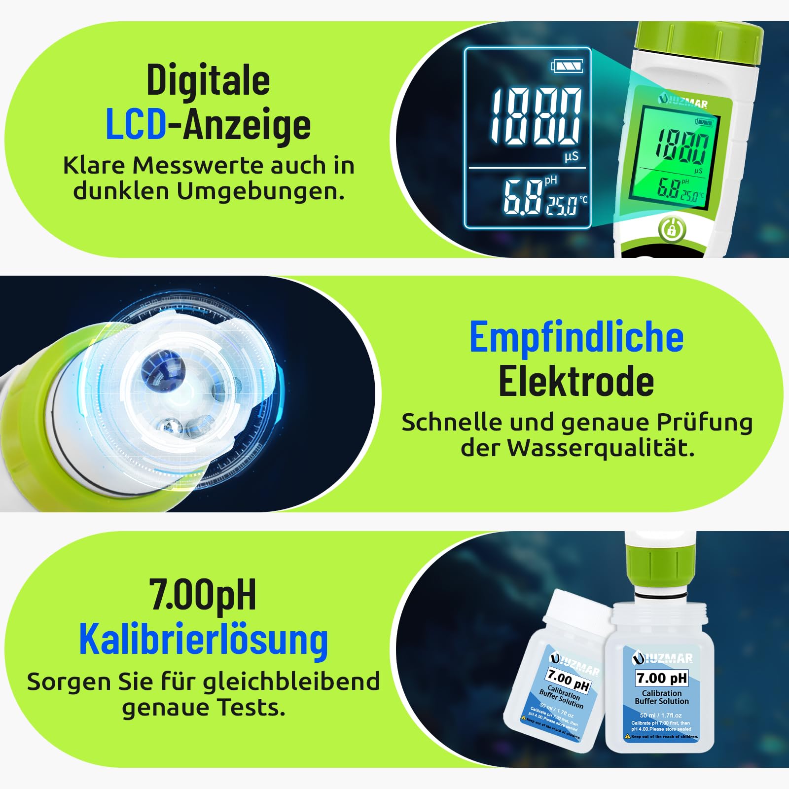UIUZMAR Miernik pH PPM Basen, EC TDS hydroponiczny miernik pH | Cyfrowy, z roztworem kalibracyjnym pH 7.0, do basenu, spa, hydroponiki, wody pitnej, akwariów