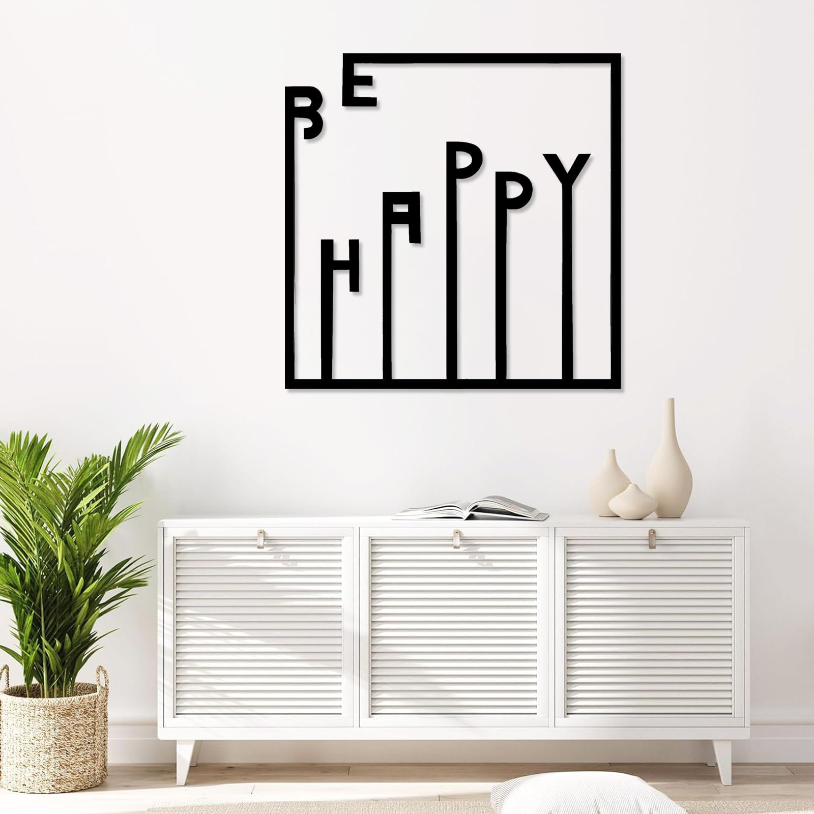 Współczesna abstrakcyjna metalowa dekoracja ścienna Be Happy Art, inspirujący wystrój, motywacyjne słowa wiszące, pozytywne cytaty prezent na parapetówkę do biura domu (80 x 80 cm, złoty)