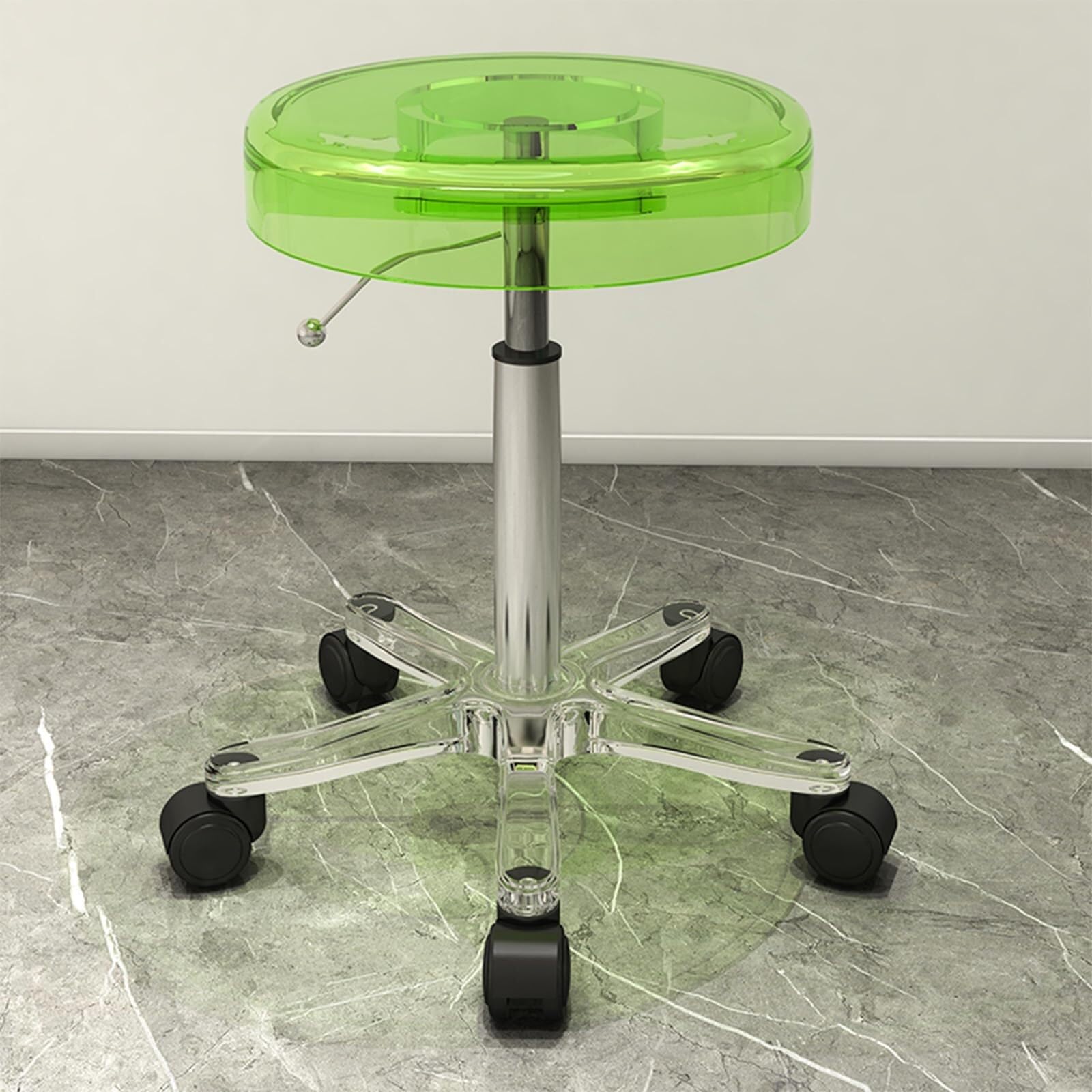Acrylic Rolling Stool with Silent Wheels, Height Adjustable Swivel Chair for Bar, Lab, Office &amp; Shop,Green