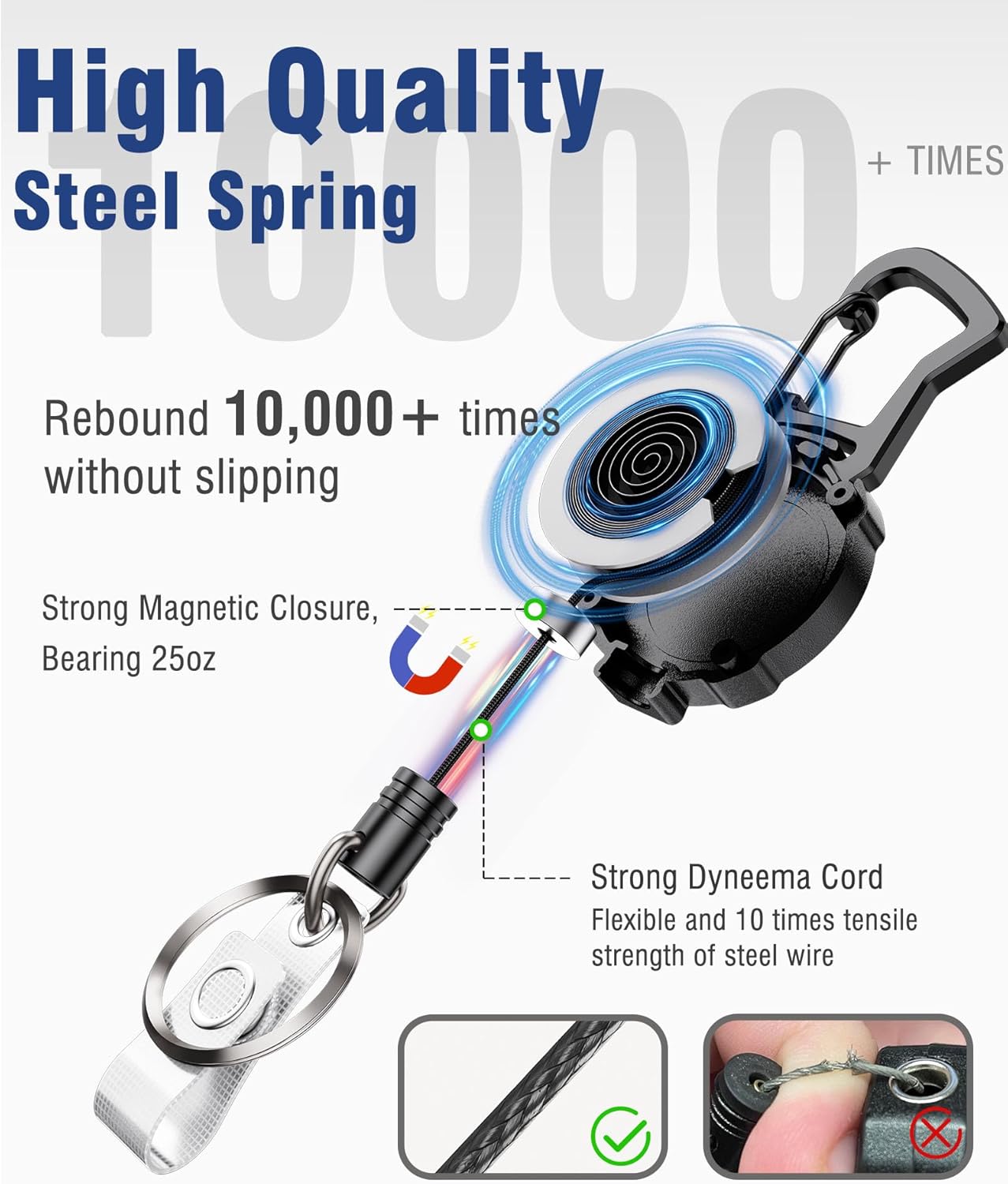 2Pack Heavy Duty Retractable Keychain, Unbreakable Embedded Body with 30.5" Dyneema Cord, Tactical ID Badge Holder Reel Carabiner Clip with Secure Magnetic Closure for Men, Holds 25oz - Image 3