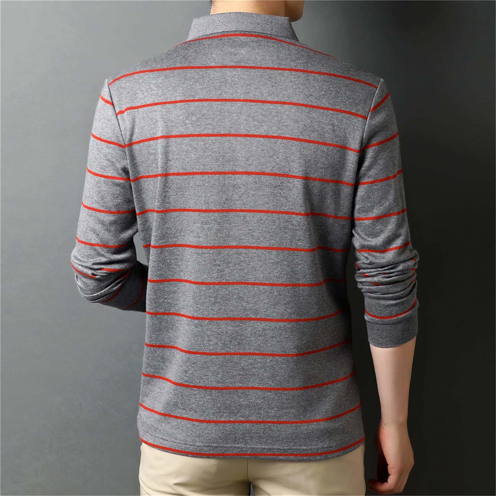 Herren Frühling Herbst Business Casual Klassisch Gestreifte Langarm Weiche Baumwolle Poloshirt Männer Kleidung, grau, XXL