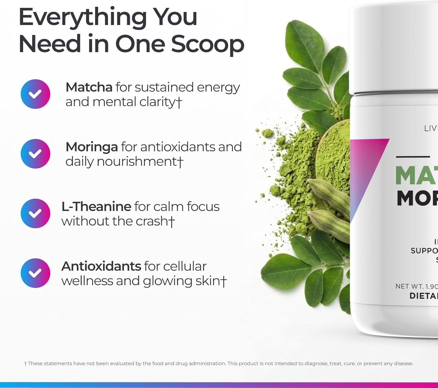 Livingood Daily Matcha + Moringa Powder, 30 Servings - 2in1 Matcha Powder and Moringa Supplement for Radiant Skin - Instant Green Tea with L Theanine - Vegetarian, Gluten Free, Non GMO - Made in USA