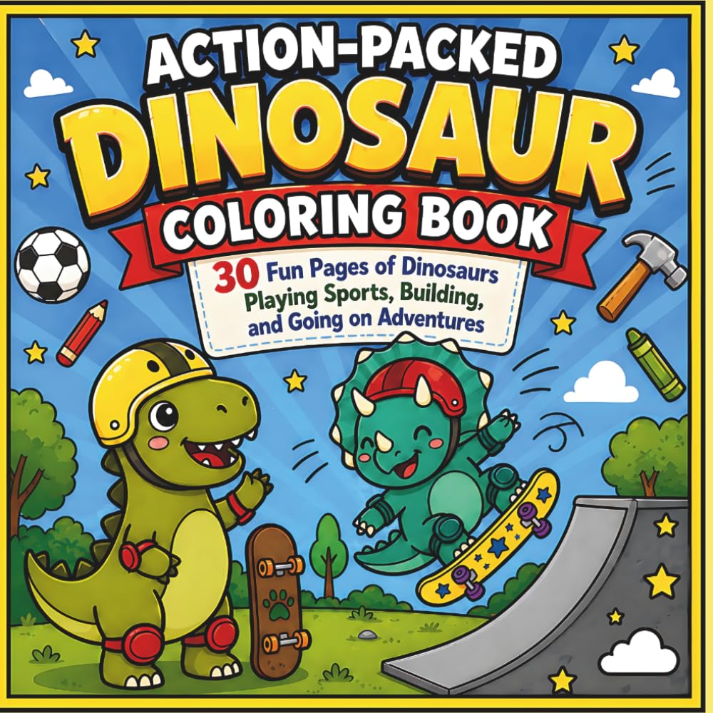 Action-Packed Dinosaur Coloring Book: 30 Fun Pages of Dinosaurs Playing Sports, Building, and Going on Adventures (30 Page Studio)