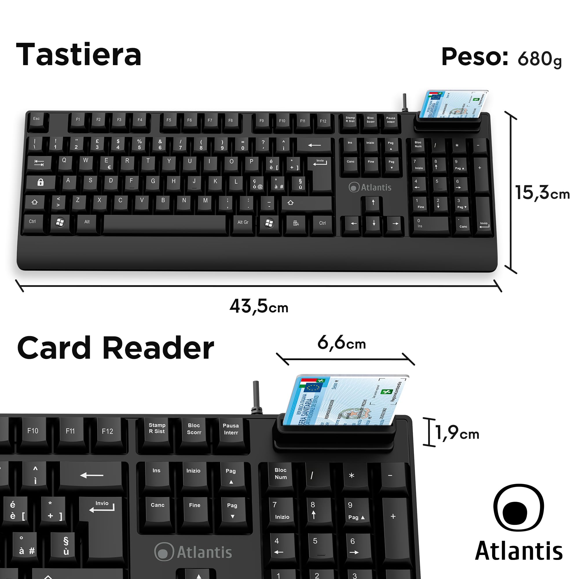 Atlantis Teclado con lector de tarjetas inteligentes integrado, QWERTY italiano, lectura CNS, CRS, tarjeta de salud, firma digital, puerto USB, cable de 1,5 m - negro