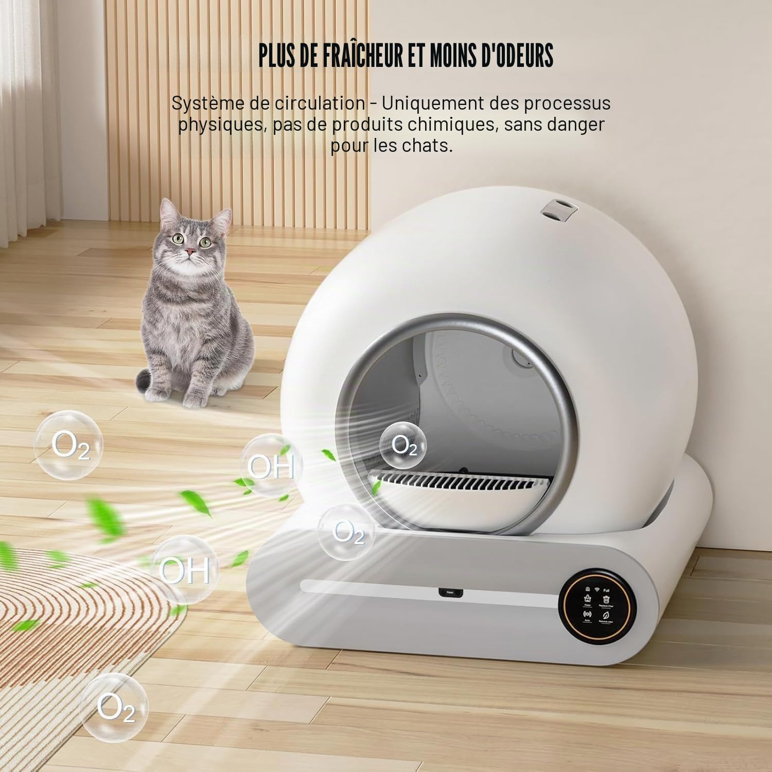 Litière Chat Automatique XXL Autonettoyante, Fermée, Anti-Odeur,Silencieuse | Litière chat autonettoyante XXL : multicapteurs sécurité, ions anti-odeurs, réservoir 65L+9L, entrée 15cm, application TUYA