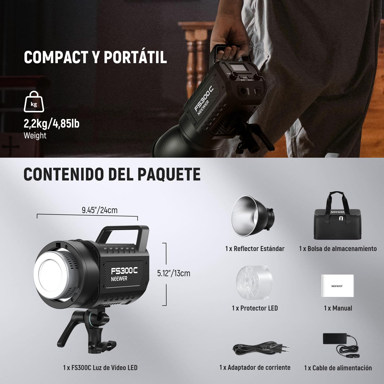 NEEWER 300W RGB Luz Vídeo LED App/2.4G Control 17 Efecto 2500-7500K 29000lux/1m COB Iluminación Salida Continua CRI95+/TLCI97+ 4 Curvas Atenuación Foco Bowens Mount para Fotografía de Estudio,FS300C