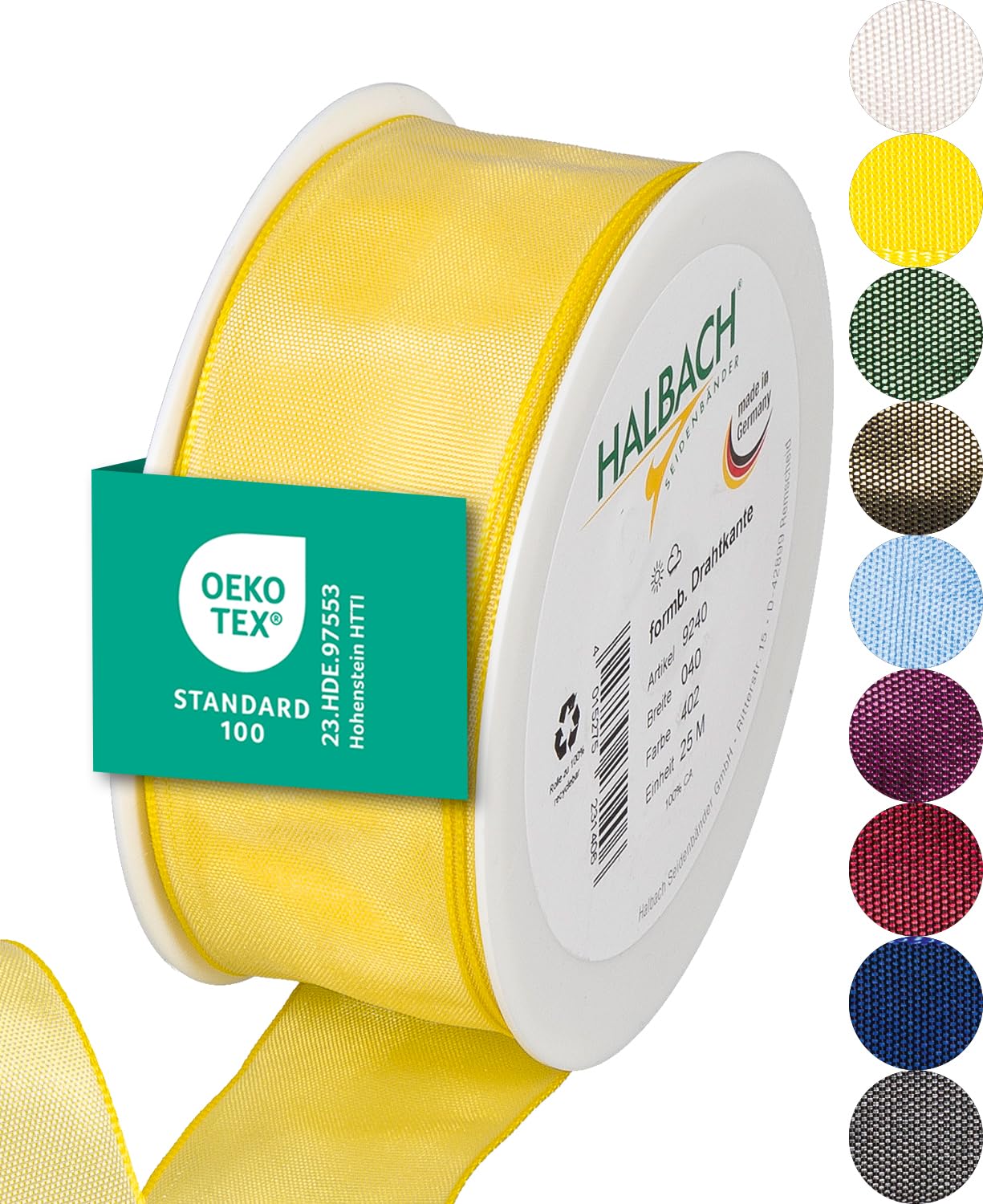 Halbach Seidenbänder Premium Geschenkband mit Drahtkante | Breite 40mm Länge 25m | Öko-Tex 100 zertifiziertes Schleifenband | Taftband Made in Germany, Farbe: hellgelb