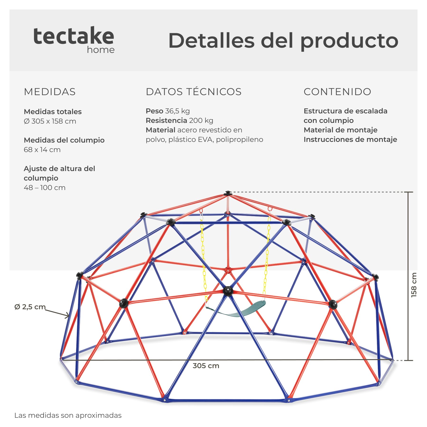 tectake® Domo Geodesico 305 x 305 x 158 cm, Escalada Niños, Columpio Infantil, Columpio Jardin Exterior, Parque Infantil Exterior, Estructura de Acero Resistente, Uso Interior o Aire Libre