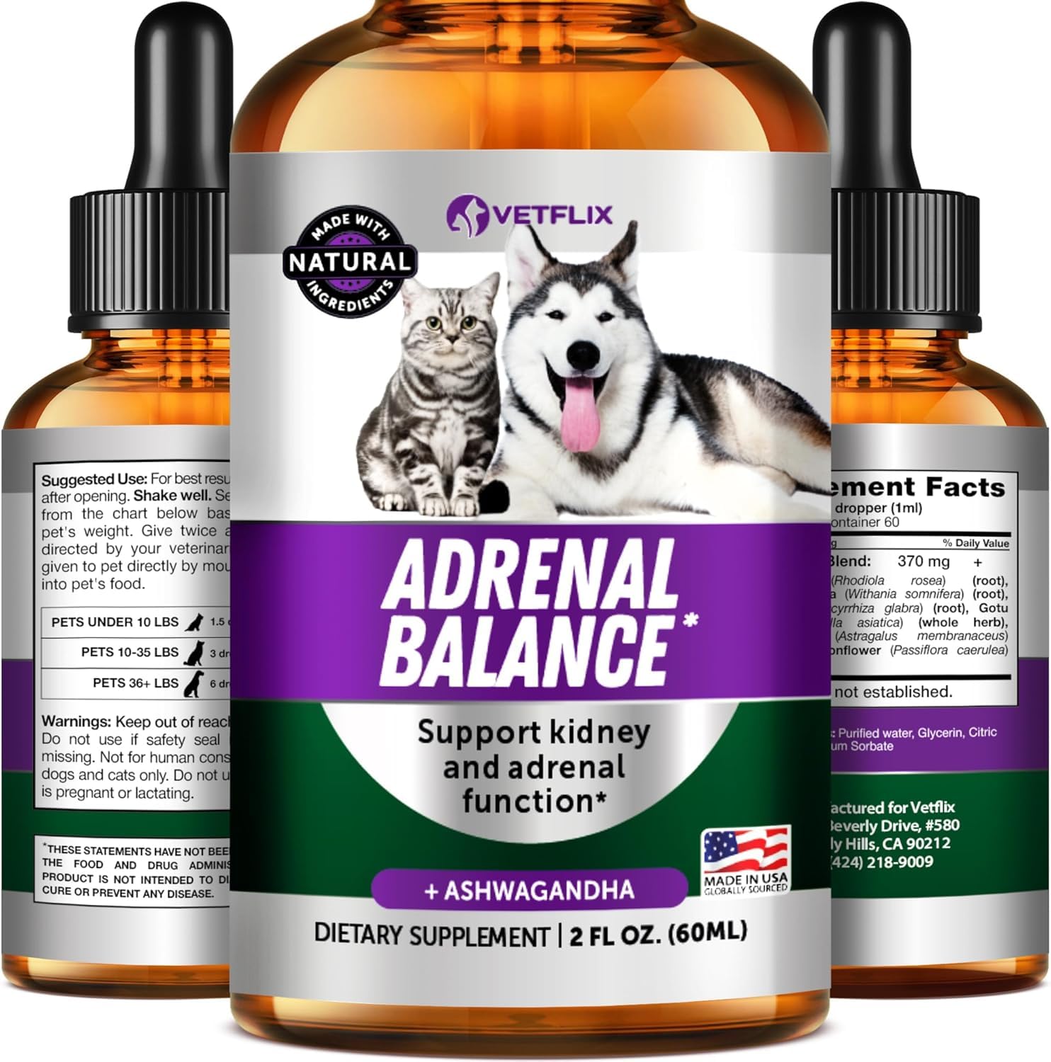 Adrenal Support for Dogs and Cats, Liquid Cushings and Kidney Drops, 2 Oz