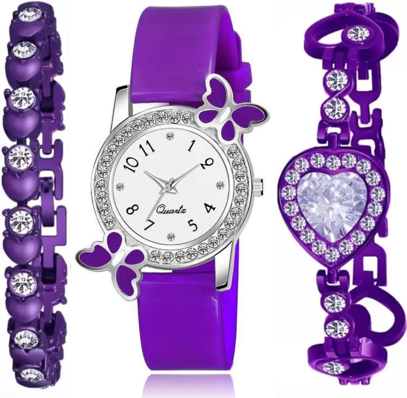 Premium White Dial Diamond Pink Analog Watch Love Heart Diamond Bracelet for Girls Best Design Butterfly Combo 3 Pack of 3