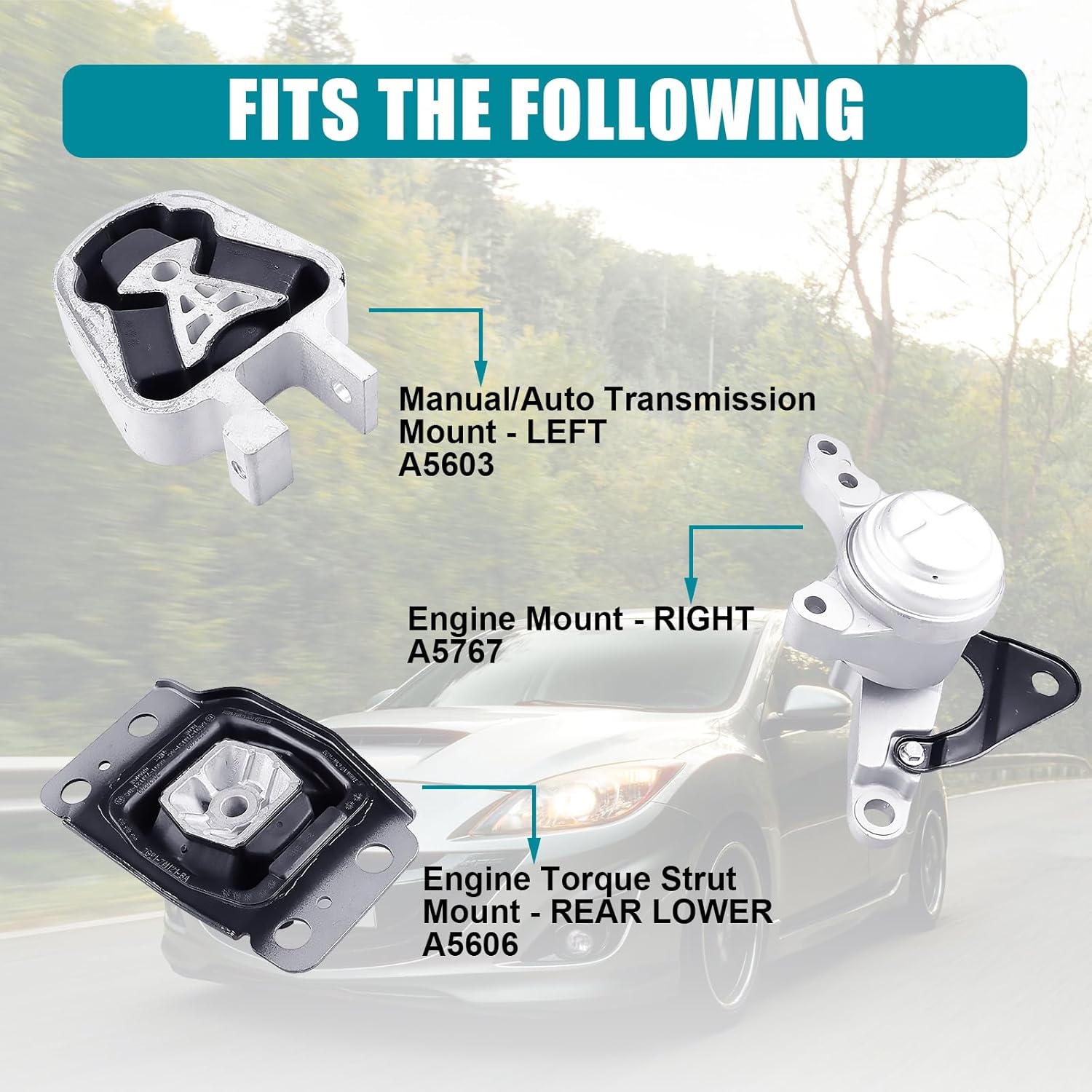 Engine Motor Mount & Transmission Mount Set Compatible with 2014-2020 Ford Fusion 1.5L L4/2013-2014 Fusion 1.6L L4 Auto/2014 Ford Fusion 1.5L/1.6L L4 Manual - 3PCS Replacement for A5603 A5606 A5767