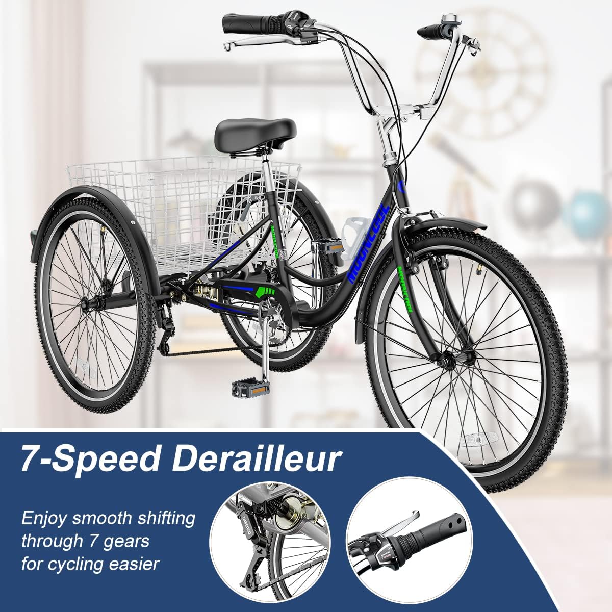 Barbella Adult Tricycles 7 Speed, Adult Trikes 26 inch 3 Wheel Bikes, Cruise Bike with Basket for Seniors, Women, Men for Recreation, Shopping, Exercise - Multiple Colors