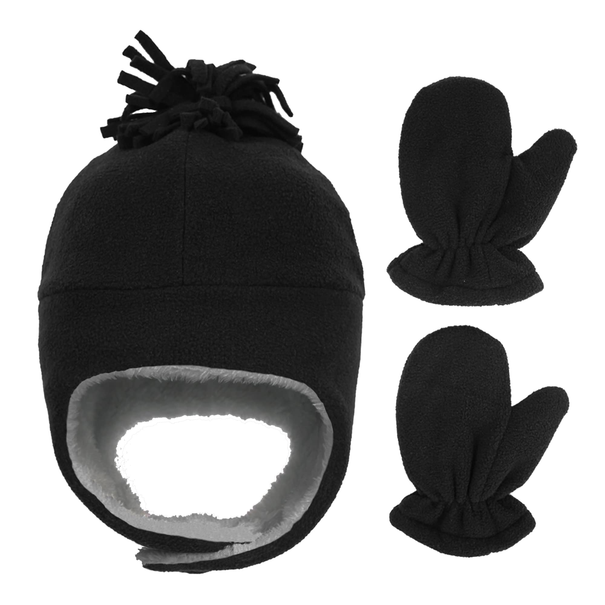 Uttpll Toddler Winter Hat Beanie and Glove Set Baby Boy Girl Sherpa Lined Fleece Snow Mittens Pilot Infant Warm Trapper Hats Black 6-24 Months