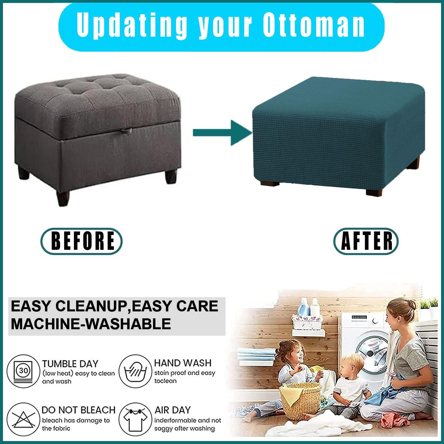 S-XXXL Copertura for Ottomana, Copri Pouf Rettangolare 90×70, 100×60, 120×60, 80×60 cm, Fodera for Poggiapiedi Allungabile con Base Elastica, Adatto for Case Moderne(Navy,60x120cm)