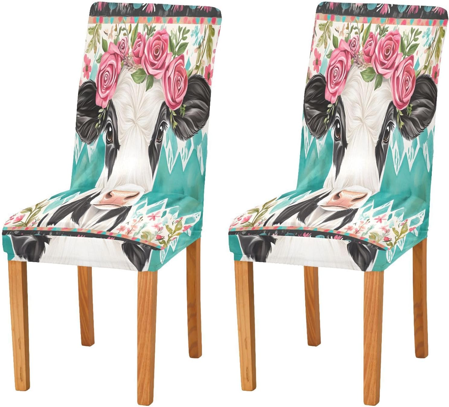 ALAZA Chair Covers for Dining Room, Cow Roses Stretch Chair Cover Sets Chair Protector Removable Washable for Ktichen Restaurant Hotel