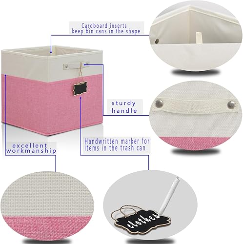 Miniatura 5 de Cubos de almacenamiento de tela plegables (4 unidades) - 13x13x13 - Cubos de lino para estantes Kallax (Blanco, Rosa) con etiquetas