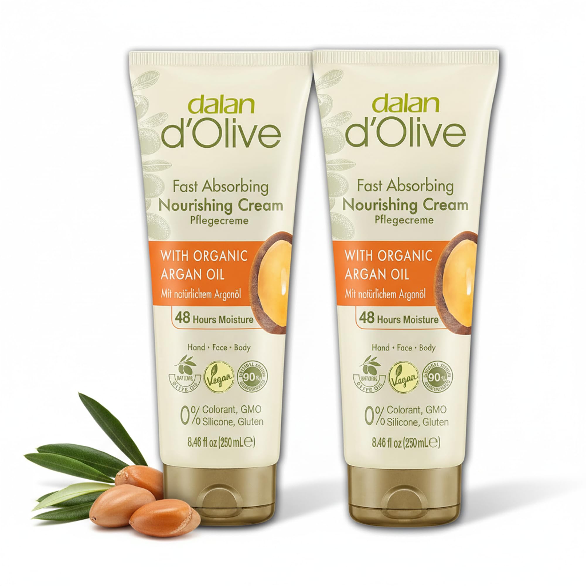 d'Olive Argan Oil Cream Set of 2 - Natural Care with Olive Oil, Vegan and Moisturiser for Hand, Face and Body, 0% Dyes, Silicone, GMO, 250 ml