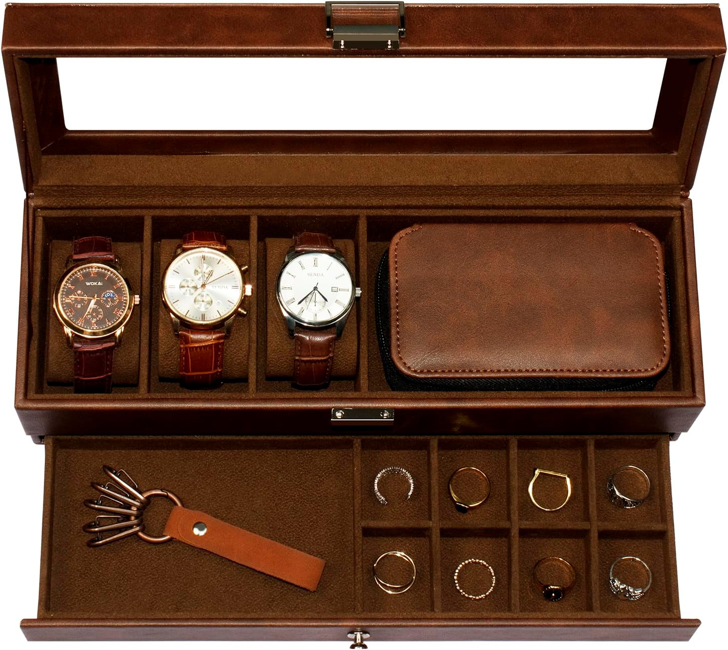 Watch Box, 3 Compartment Watch Display Box with Drawers...